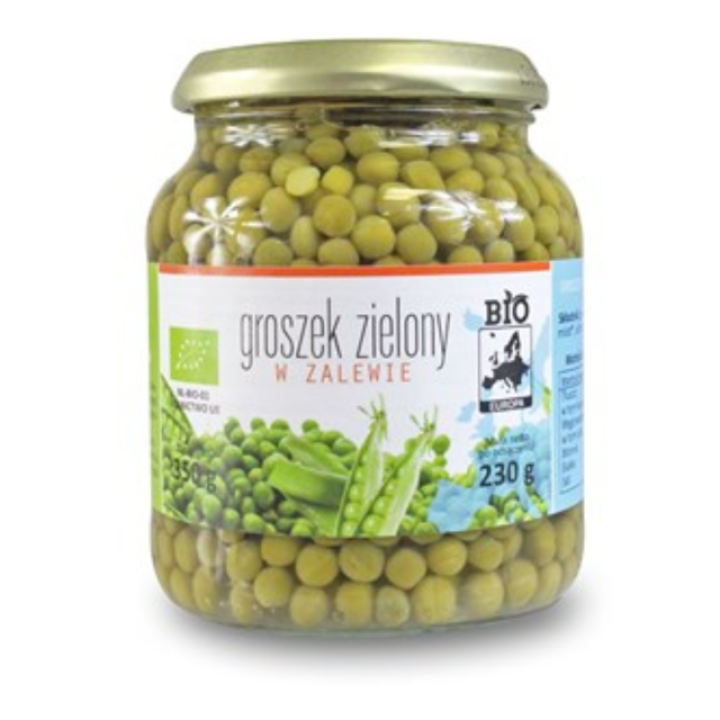 Organic preserved green peas in jar, 350 g (230 g)