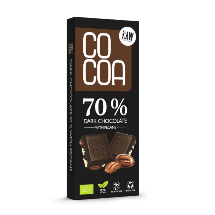 Organic dark chocolate 70% with pecans, 50 g, COCOA